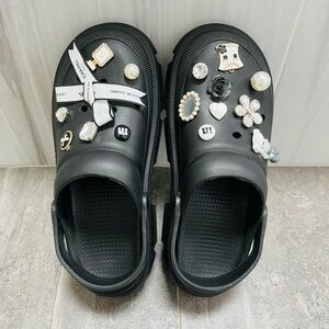 Black Crocs Style Clogs with Charms, size 9/10